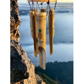 Tropical Pineapple Windchime – Bamboo & Wood Hanging Outdoor Garden Décor – Relaxing Calming Deep Tones