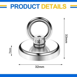 Strong Large Magnets, Pack of 8 Neodymium Magnets, Extra Strong 32 mm, Magnetic Fishing, Magnet with Eyelet, Magnets Strong Hold for Suitable Magnet Fishing in Home, Workshop, Water