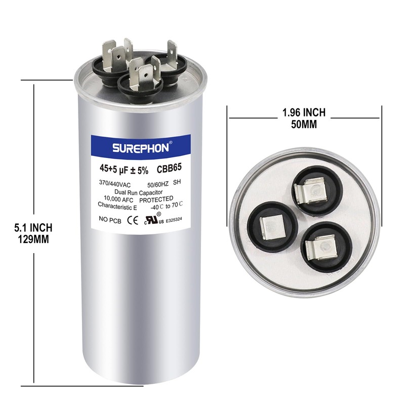 SUREPHON 45+5 uF 45/5 MFD ±5% 370V/440VAC Dual Run Start