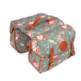 TOURBON Waterproof Canvas Bicycle Bike Rear Seat Carrier Bag Cycling Double Pannier Bag Pack (Green with Flower)
