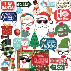 Christmas Photo Booth Props - 41-pc Photobooth Kit with 8 x 10-Inch Sign, 60 Adhesive Pads, 45 Sticks - Christmas Photobooth Props - Holiday Photobooth Prop