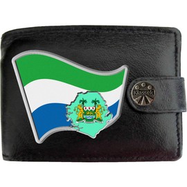 Klassek Sierra Leone Flag Leonean Map and Coat of Arms COA Mens Wallet Real Black Leather RFID Blocking with Coin Pocket and Metal Gift Box