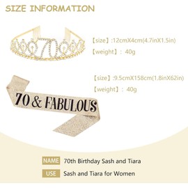 FINEPOTY 70th Birthday Decorations，2 PCS Including 70th Happy Birthday Fabulous sash, Sweet Rhinestone Tiara Crown