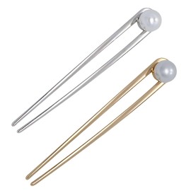 Miaomyao U-shaped Kinkzashi, U-Shaped, Set of 2, Kimono, Hair Clip, Metal, Antique, U Pin, Simple, Retro, Single Pearl, U-Shaped Comb, Silver, Pink Gold, Hair Accessories