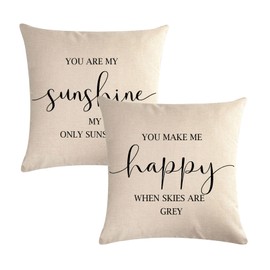7COLORROOM Set of 2 Farmhouse Quote Words Pillow Cover You are My Sunshine/You Make Me Happy Pattern Cushion Cover Family Words Country Home Decorative Pillowcases 18" x 18" for Sofa Couch Porch