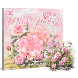 Snylcce Scrapbooking Supplies, Vintage Journaling - 25 Sheets PET & 25 Sheets Paper Stickers, DIY Craft Stickers for Junk Journals, Ephemera Sticker Book, Pink Flower Themes, Pre-Cut Designs