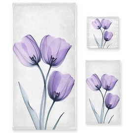 Bolaz Bath Towel Sets for Bathroom Hand Towels Fingertip Towels Three Purple Tulips 1 Decorative Soft Cotton Absorbent 3 Piece