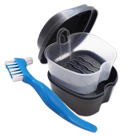 Dental Aesthetics Grey Denture Bath & Brush with Double Bristle Head ~ Storage Container for Soaking Dentures (Blue)