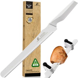 CoquusAid Resharpenable Bread Knife for Homemade Bread, 11.6-Inch Multifunction Serrated Knife with 5 Thickness Adjustable Slicing Guide, Stainless Steel Bread Cutter, Razor Sharp for Sourdough, White