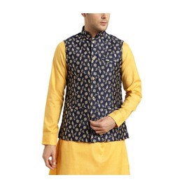 SOJANYA (Since 1958), mezcla de seda para hombre, chaqueta Nehru bordada, Azul marino y dorado., X-Large