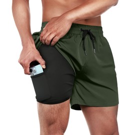 BRISIRA Mens Swim Trunks Swim Shorts for Men Quick Dry 5 inch Inseam Beach Shorts with Compression Liner Zipper Pocket ArmyGreen
