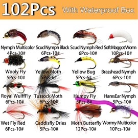 Qievcrme Fly Fishing Flies Assortment Kit-40/72/102pcs Fly Fishing Lures with Fly Box for Bass Trout Salmon Fishing-Dry/Wet Bass Flies Streamers Nymphs(102Pcs Flies Kit(16 Mixed Styles))