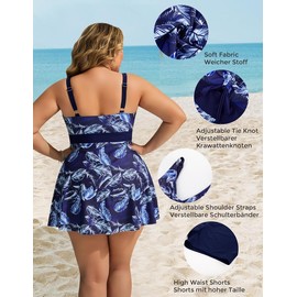 Hanna Nikole Tankini Women's Large Sizes Two Piece Swimsuits Key Hole Swimming Dress with Swimming Shorts Tummy Control Swimwear with Adjustable Chest Drawstrings and Shoulder Straps Beachwear, blue