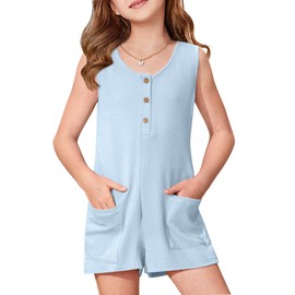 BesserBay Gilrs Vacation Button Up Scoop Neck Sleeveless Romper Stretchy Solid Cozy Shorts with Pockets Blue 14 Years