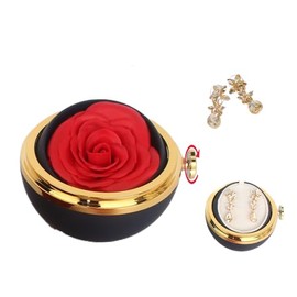 Caja Giratoria con Rosa Eterna y Aretes – Regalo Romántico para Mujer – Caja redonda de Joyería con Flor Preservada – Disponible en Rojo, Verde Menta, Rosa, Blanco y Azul Marino (Azul)