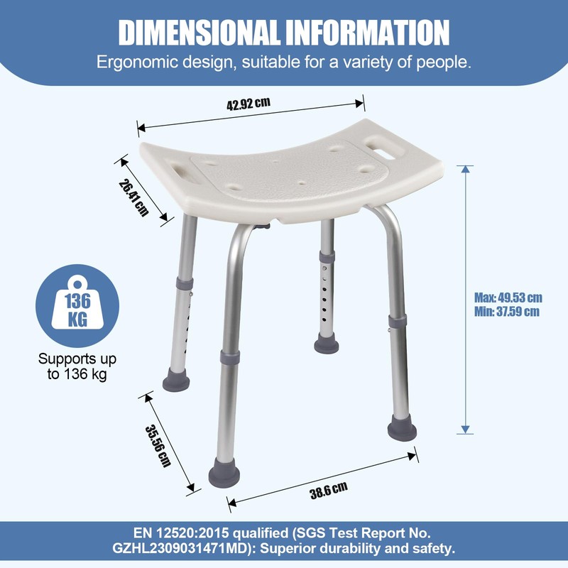 Ez2care Shower Chair, Adjustable Non-Slip Shower Bench with Suction Feet,
