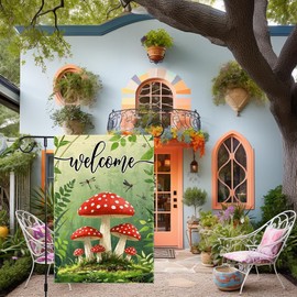 Welcome Spring Summer Mushrooms Garden Flag 12x18 inch Double-Sided Small Burlap Yard Outside Lawn Rustic Farmhouse Decorations