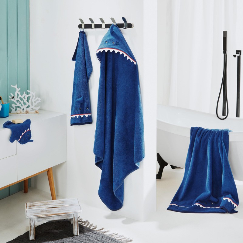 Erwin Müller Children's Hooded Bath Towel Shark Walk, Terry, Blue,
