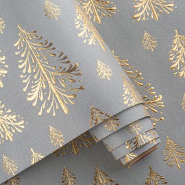 Flyhill Kraft Christmas Wrapping Paper-17 Inch*32.8 Ft（46.8sq.ft.ttl Per Roll-Gray and Gold 3D Embossed Foil Christmas Tree with Woodlands for Christmas, Party,Birthday,Holiday,Thanksgiving