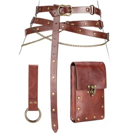 Ultrafun 3pcs Renaissance Belt Accessories Faux Leather Medieval Viking Chain Belt Bag Skirt Hike Ren Faire Costume Accessories (Brown)