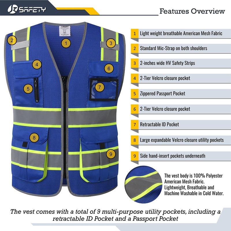 JKSafety 9 Pockets Hi-Vis Mesh Safety Vest for men and
