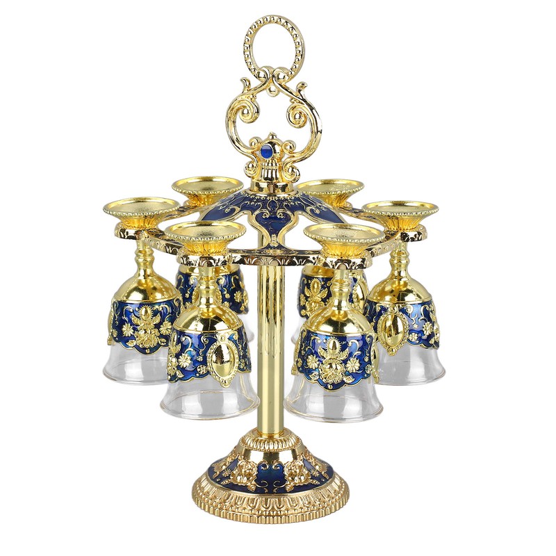 6Pcs Chinese Chalice Retro Style Zinc Alloy Glass Embossed Flower