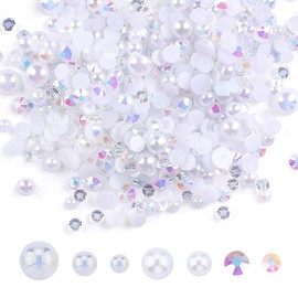 7700 Pieces Pearls Rhinestones Non-Hotfix Flatback Pearls Beads Resin Rhinestone Gemstones Crystal Set with Wax Pencil for Crafts DIY Nail Makeup, Mixed Sizes 3/4/5/6mm(White)