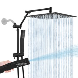 All Metal 12 Inch Rain Shower Head with Handheld Spray Combo, High Pressure Waterfall Rainfall Square Shower Heads with 16" Adjustable Extension Arm, Dual Showerhead with 3-Way Diverter, Matte Black
