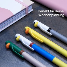 ownibox Pen Set with 4 Duck Ballpoint Pens High Quality & Colouring Pencils Children and Adults Ergonomic, Black, Ideal for School and Office