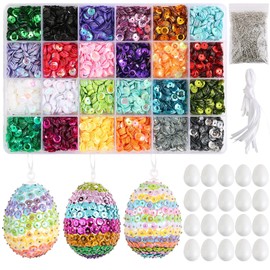 BOFUNX Styrofoam Eggs Craft Set, 24 Easter Eggs for Hanging + 24 Colour Sequins and Pins String for DIY Sequins Easter Eggs Crafts Children Easter Gift
