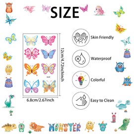 AOT Temporary Tattoos for Kids, 30 Sheets Waterproof Cartoon Cute Fake Tattoos, Dinosaur Monster Butterfly Tattoo Sticker for Boy Girl Birthday Gift Party Favors Supplies