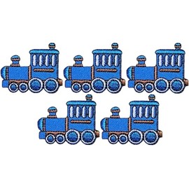 Ranger Return Set 5 of Small Cute Mini Steam Train Retro Engine Cartoon Costume Kids Tiny Decal Decorative Repair DIY Applique Sew Iron on Embroidered Patches - Blue (TRAIN-BL02-MINI5)