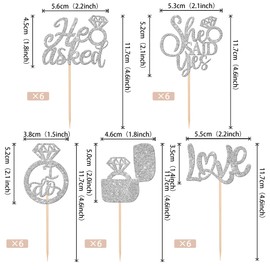 30 piezas de adornos para magdalenas con texto "He Asked She Said Y", anillos de diamantes, para decoración de cupcakes, decoración de bodas, fiestas, pasteles, suministros de plata