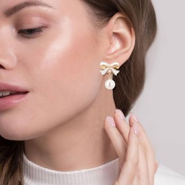 SIXDUTON Pearl Earrings Bow for Women, Gold Ribbon Bow Knot White Pearl Stud Earrings, Elegant Golden Bow Stud Earrings Jewellery Gifts for Women, Sterling Silver, No Gemstone