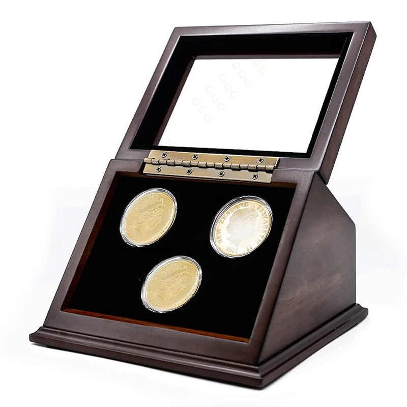 Wooden Display Case Box for 3PCs Challenge Coins with Slanted