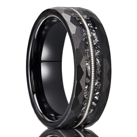 Concept Knight Tungsten Carbide Rings for Men Black Hammered 8mm Inlaid Guitar Strings and Meteorite Men's Wedding Bands High Polished Comfortable Fit (8mm black, 7)