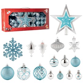 105 PCS Christmas Ball Ornaments Set, Assorted Christmas Ornaments with Star Tree Topper, Plastic Shatterproof Christmas Hanging Decoration for Xams Tree/Birthday/Holiday Decor (Blue & Silver)