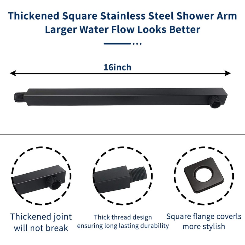 Rain Shower Head Black with Extension Arm 16 Inch Square