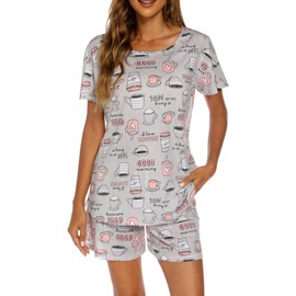 ENJOYNIGHT Womens Pajama Shorts Sets Cotton Pjs Summer Cute Sleepwear with Pockets (X-Large, Grey Cup)
