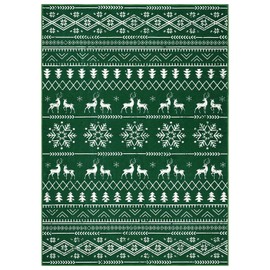 Yamaziot Christmas Area Rug 5x7, Non-Slip Washable Snowflake Living Room Rug with Rubber Backing, Low Pile Faux Wool Soft Rug Holiday Decor Xmas Floor Carpet for Living Room, Bedroom, Green