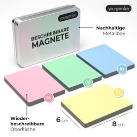 YOURGANIZE® 32 Writable Magnets - 8 x 6 cm (Size L), 4 Colours - Whiteboard Magnets - Rewritable Magnets for Fridge, Whiteboard, Scrum & Kanban Board