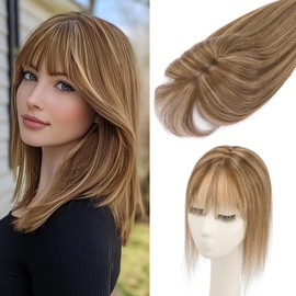 Benehair Human Hair Toppers for Women Clip in Hair Toppers for Daily Use 2 * 6cm Hand Made Lace Base Long Coverage Natural Hairpiece Wiglet #4P27 Medium Brown & Dark Blonde 10Inch