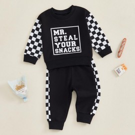 BeQeuewll Fall Winter Toddler Baby Boy Clothes 2Pcs Color Block Crewneck Sweatshirt and Pants Sweatsuit Little Boy Clothing (Snacks-Black, 12-18 Months)