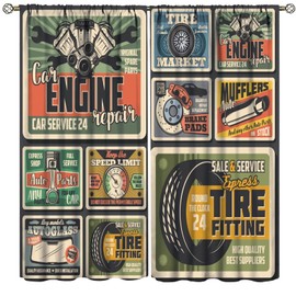 Cars Repair Service Curtains Vintage Car Spare Parts, Auto Repair Service and Mechanic Garage Design Blackout Rod Pocket Curtains for Bedroom Living Room Window Drapes 2 Panel Set 42x54 Inch