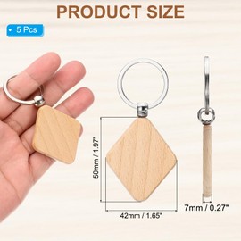 PATIKIL Rhombus Wood Keychain Blank, 5Pcs Unfinished Wooden Blanks Wood Key Chain Bulk for Pet Tags DIY Gift Crafts, Wood Color