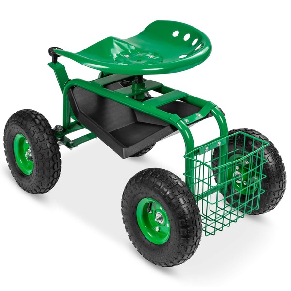 Best Choice Products 4-Wheel Garden Cart Mobile Rolling Work Seat w/Tool Tray, Storage Basket, Rubber Tires - Green