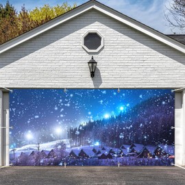 Leowefowa 13x6ft Christmas Garage Outdoor Decorations Rustic Village Night View Forest Trees Snowing Shining Lights Blue Sky Winter Xmas Photography Snow Garage Buddy Outdoor Yard Background Polyester