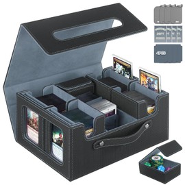 STTRBOX Trading Card Storage Box for MTG, card storage box with Commander Display，Multi-purpose Deck Case for MTG TCG Sports Card, 4 Toploaders, 4 Stoppers, 4 Colorful Dividers (Black & Grey)