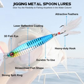Saltwater Fishing Lures Spoon Jigs, 5pcs Surf Fishing Lures Vertical Flat Jigging Spoons Kit Long Casting Diamond Jigs Metal Trolling Spoon for Tuna Amberjack Kingfish Snapper Striper Bluefish