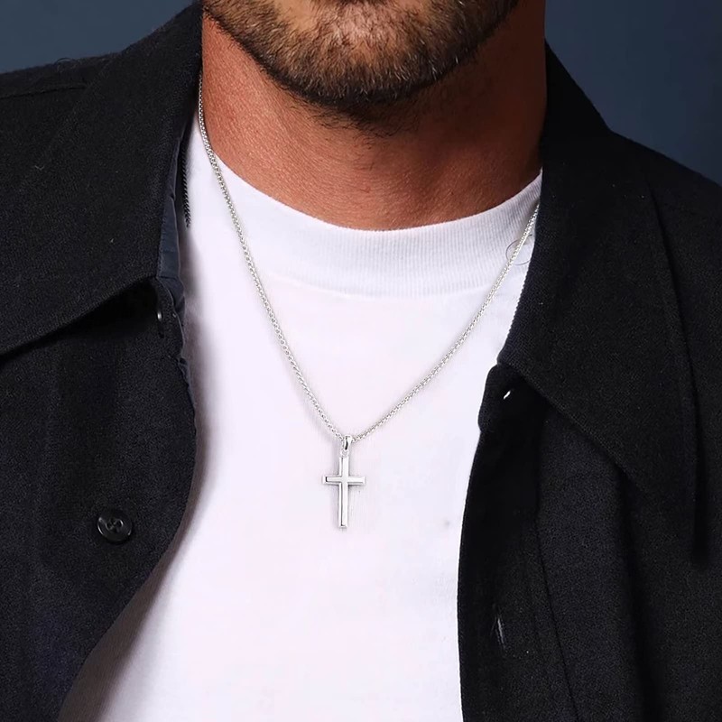 18K-Gold-Plated Cross Necklace for Men, 925 Sterling Silver Mens Cross